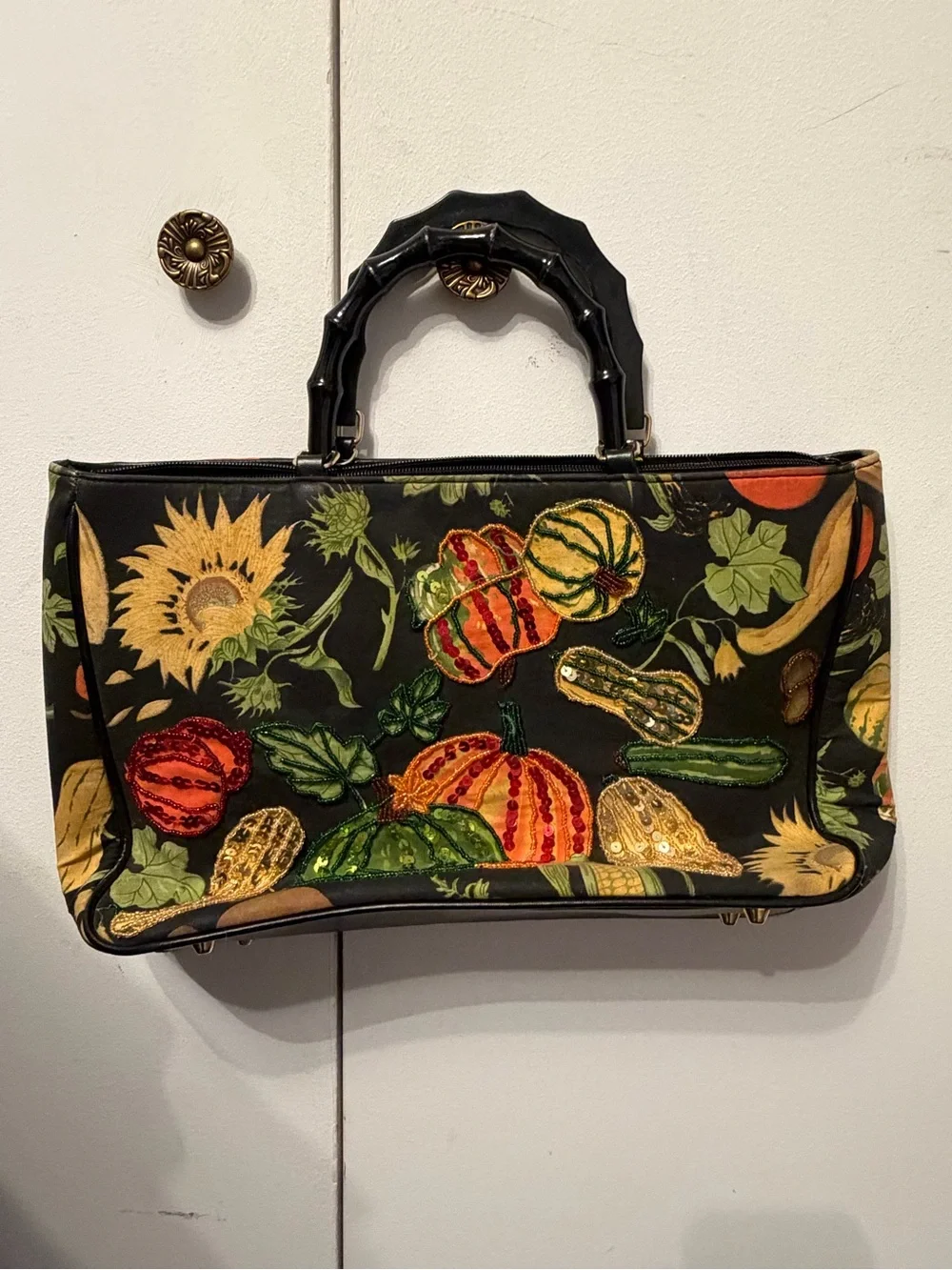 Black Floral & Legume Embroidered/Sequined Tote Bag